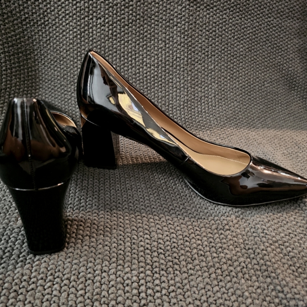Black Patent Leather Block Heel Pumps